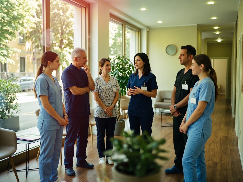 Il team di uno studio dentistico nel corridoio fra le sale operative