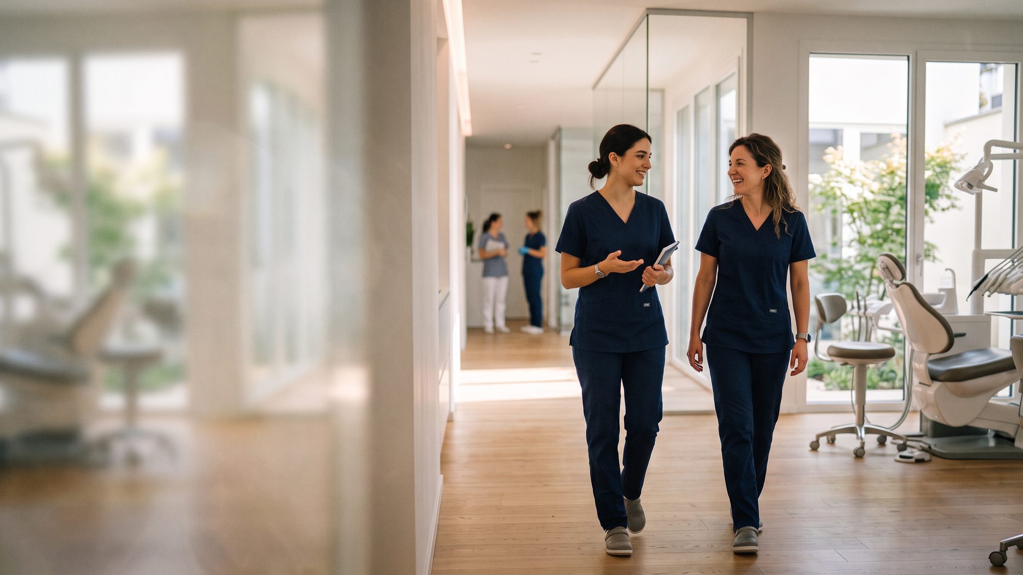 Un'igienista e un'assistente parlano nel corridoio di uno studio dentistico