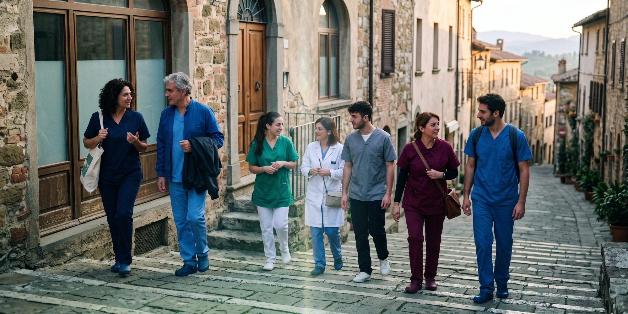 Il team di uno studio dentistico scende le scale dell'ingresso parlando